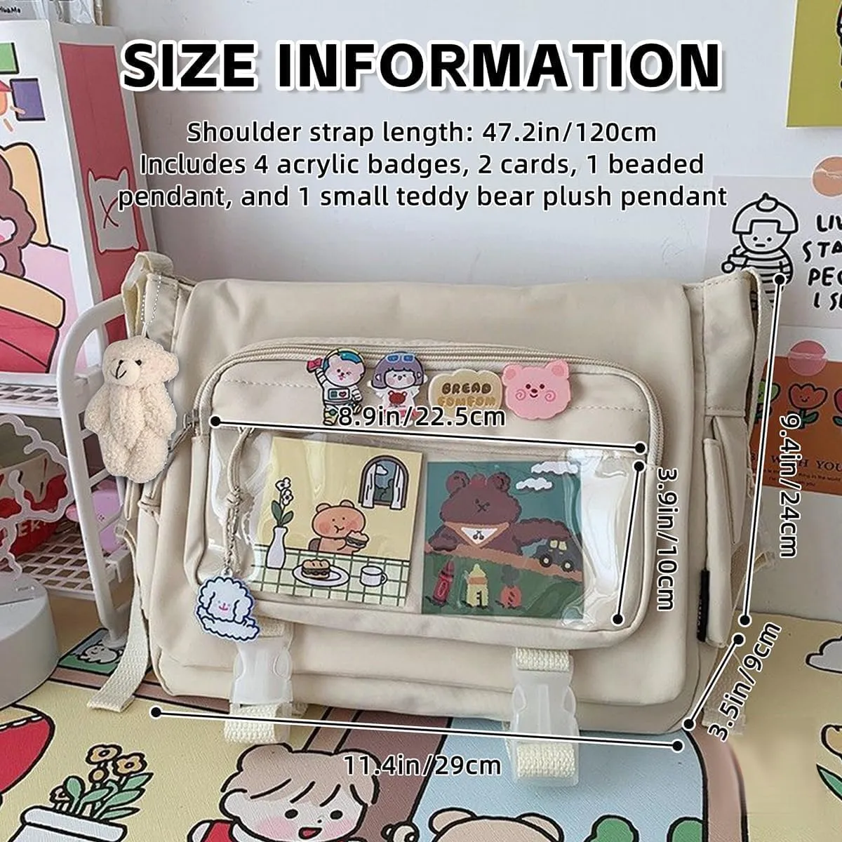 Kawaii Crossbody Ita Bag for Women with Pin & Plush Bear - Japanese Messenger Bags Y2K Shoulder Backpack