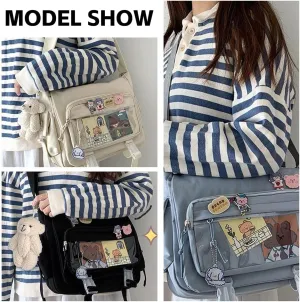 Kawaii Crossbody Ita Bag for Women with Pin & Plush Bear - Japanese Messenger Bags Y2K Shoulder Backpack