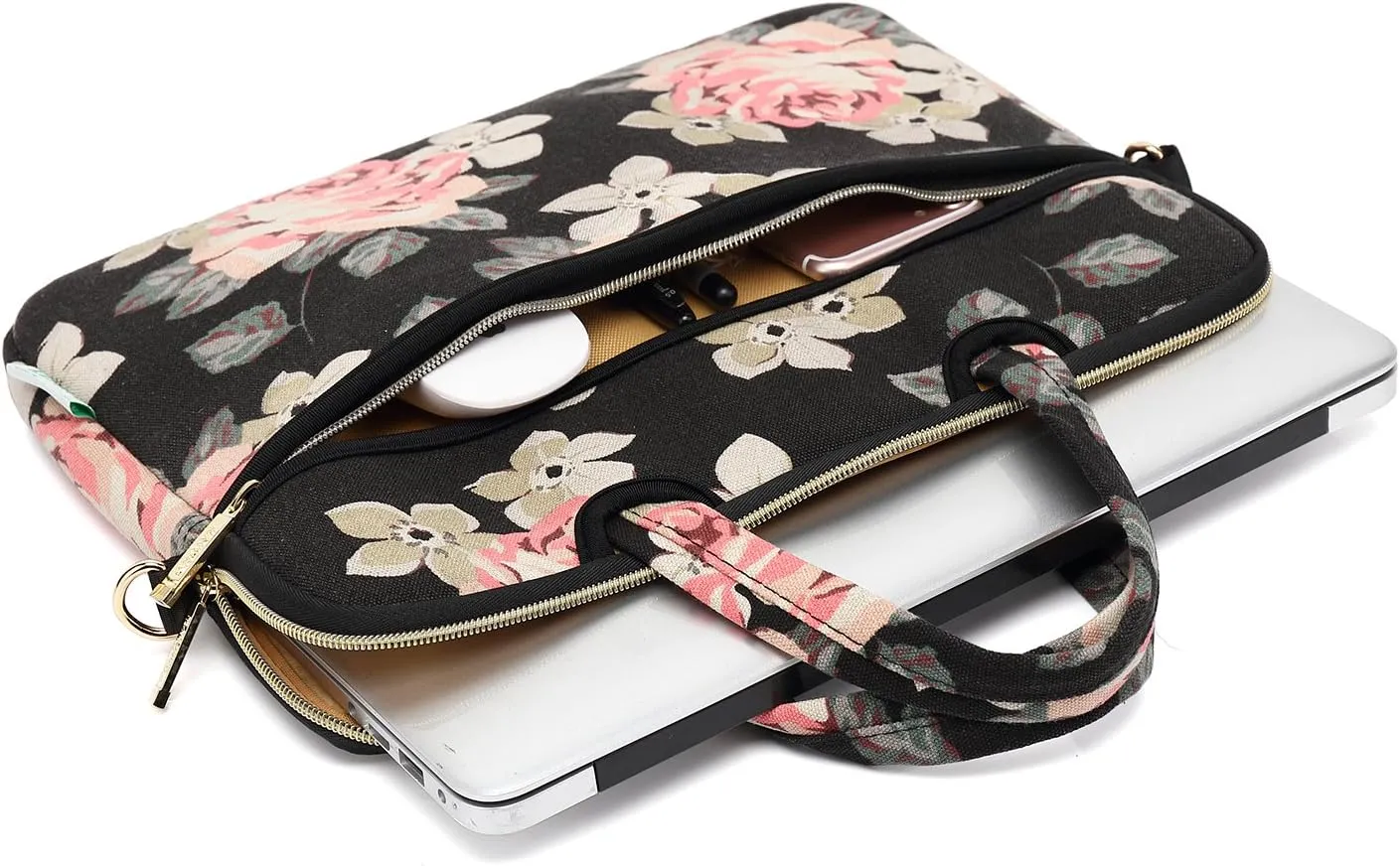 kayond Black Rose Patten water-resistant Laptop Shoulder Messenger Bag Case Sleeve for 12 Inch 13 Inch Laptop