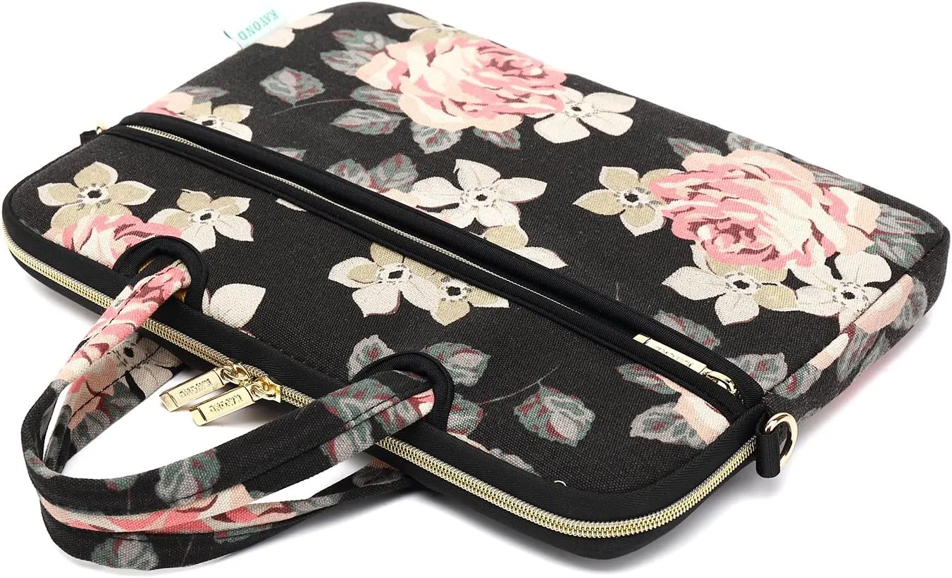 kayond Black Rose Patten water-resistant Laptop Shoulder Messenger Bag Case Sleeve for 12 Inch 13 Inch Laptop