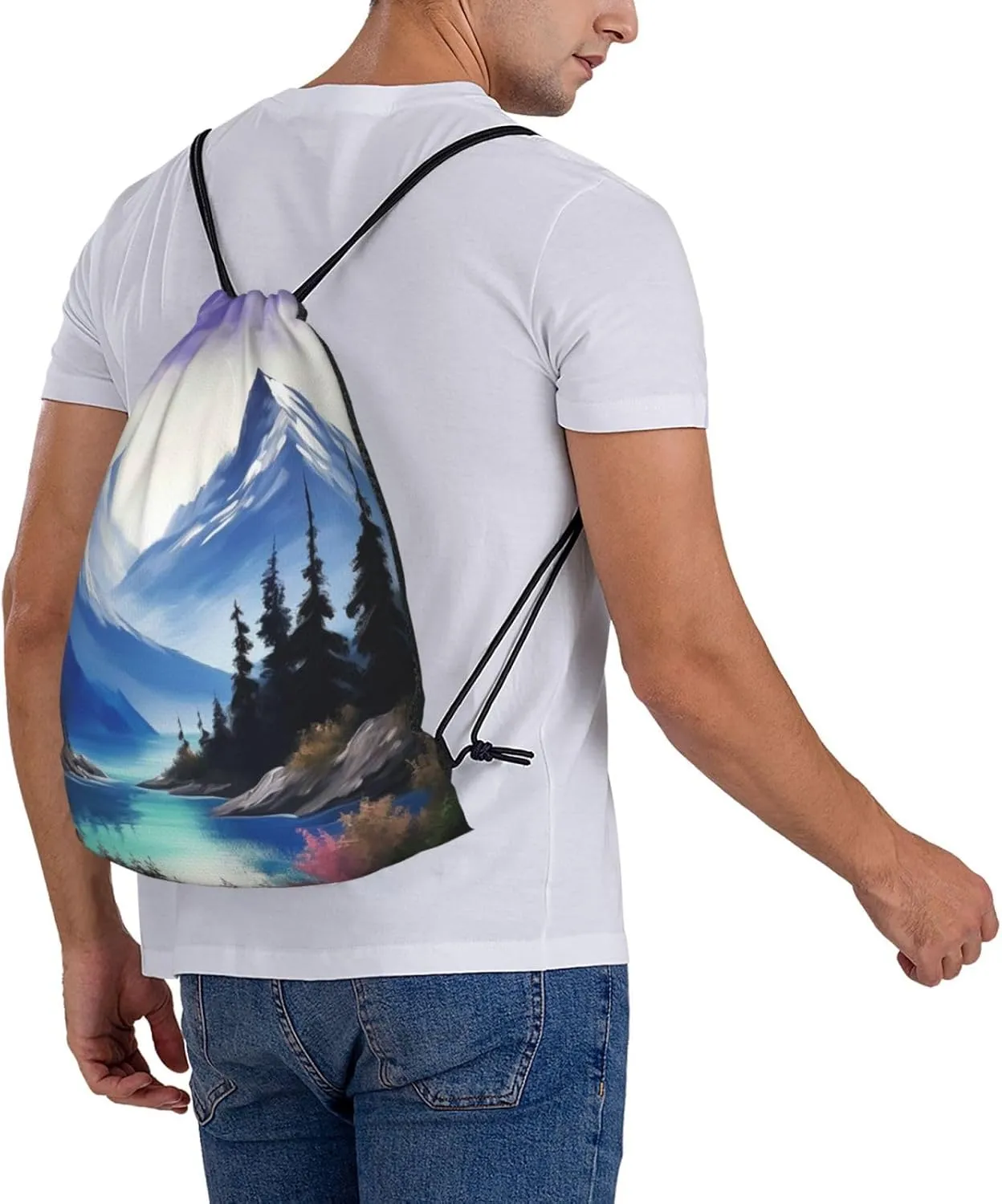 KHiry Drawstring Backpack Waterproof String Bag Mountains Painting Drawstring Sackpack Gym Bag for Man Woman