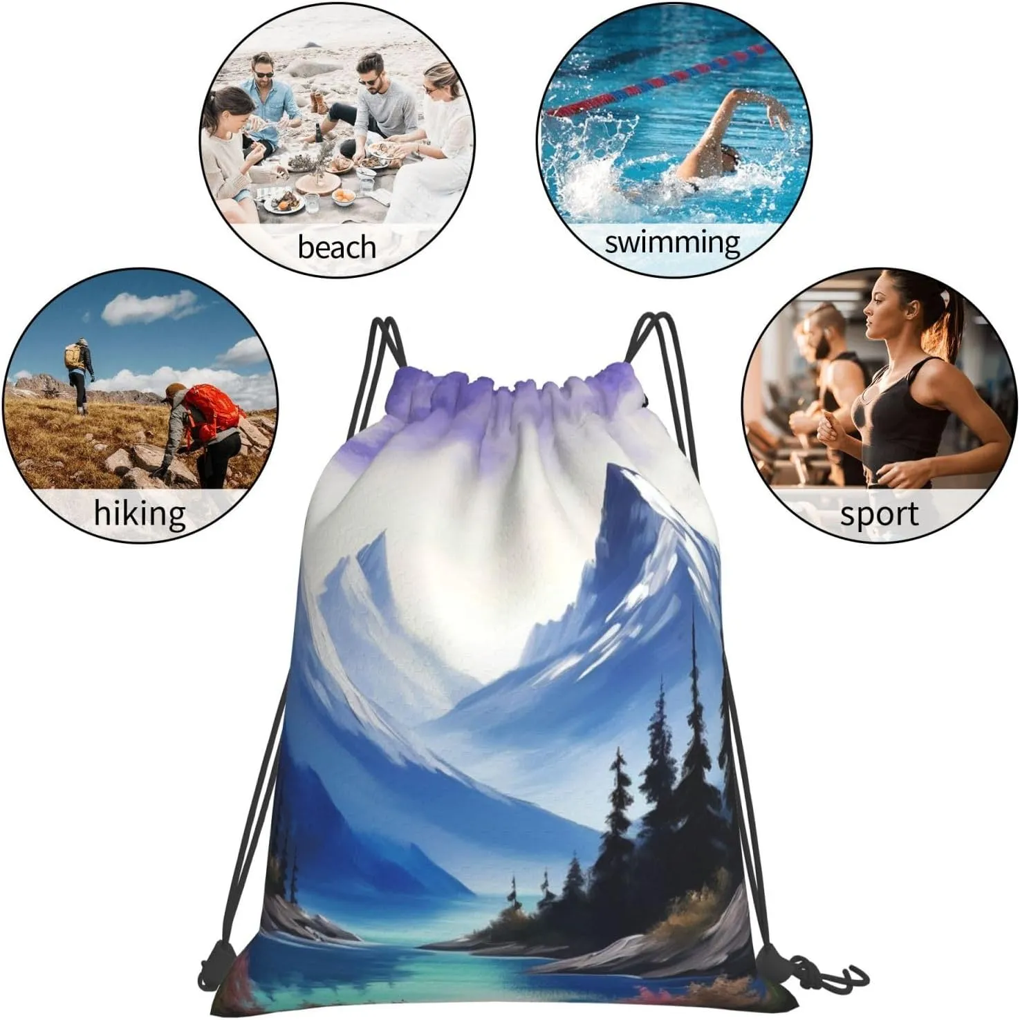 KHiry Drawstring Backpack Waterproof String Bag Mountains Painting Drawstring Sackpack Gym Bag for Man Woman