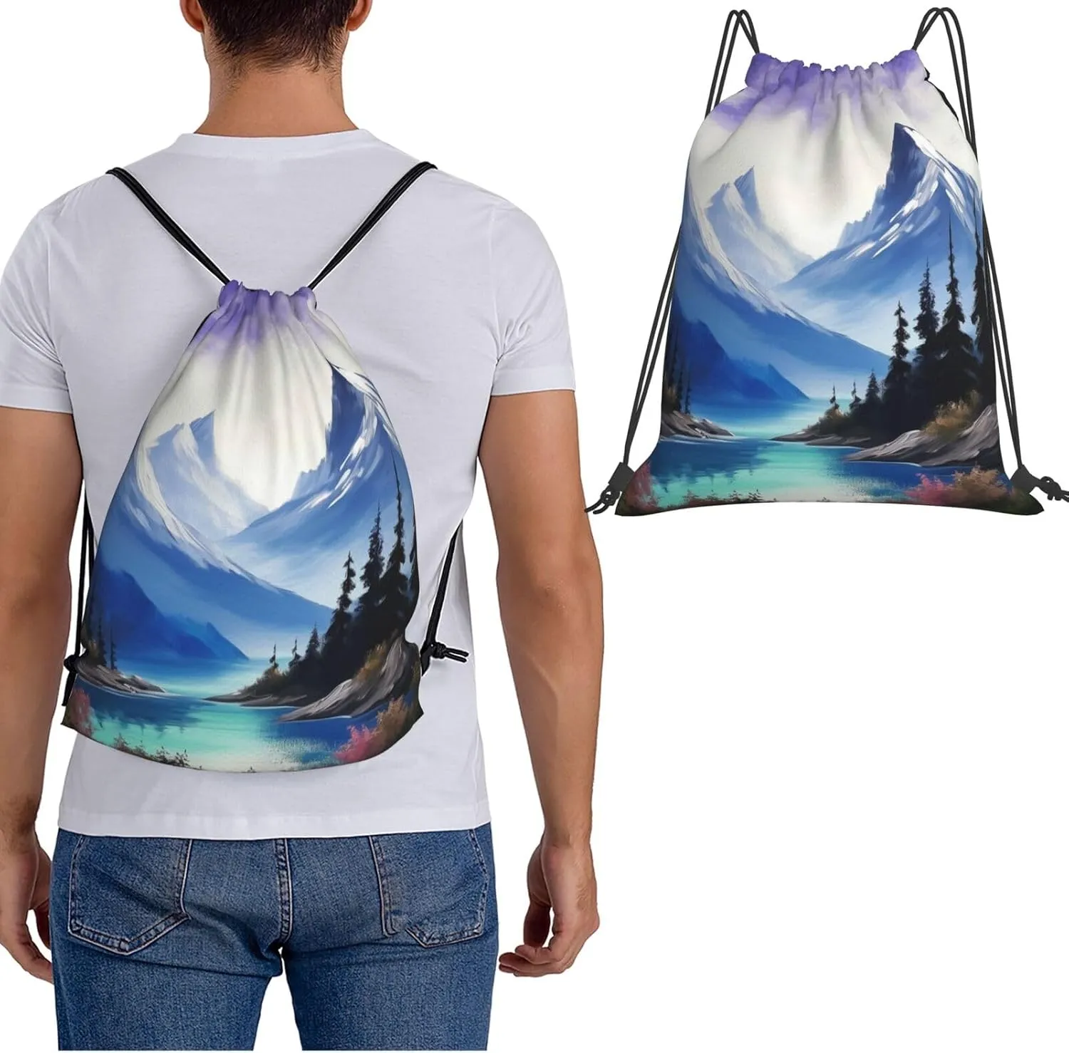 KHiry Drawstring Backpack Waterproof String Bag Mountains Painting Drawstring Sackpack Gym Bag for Man Woman