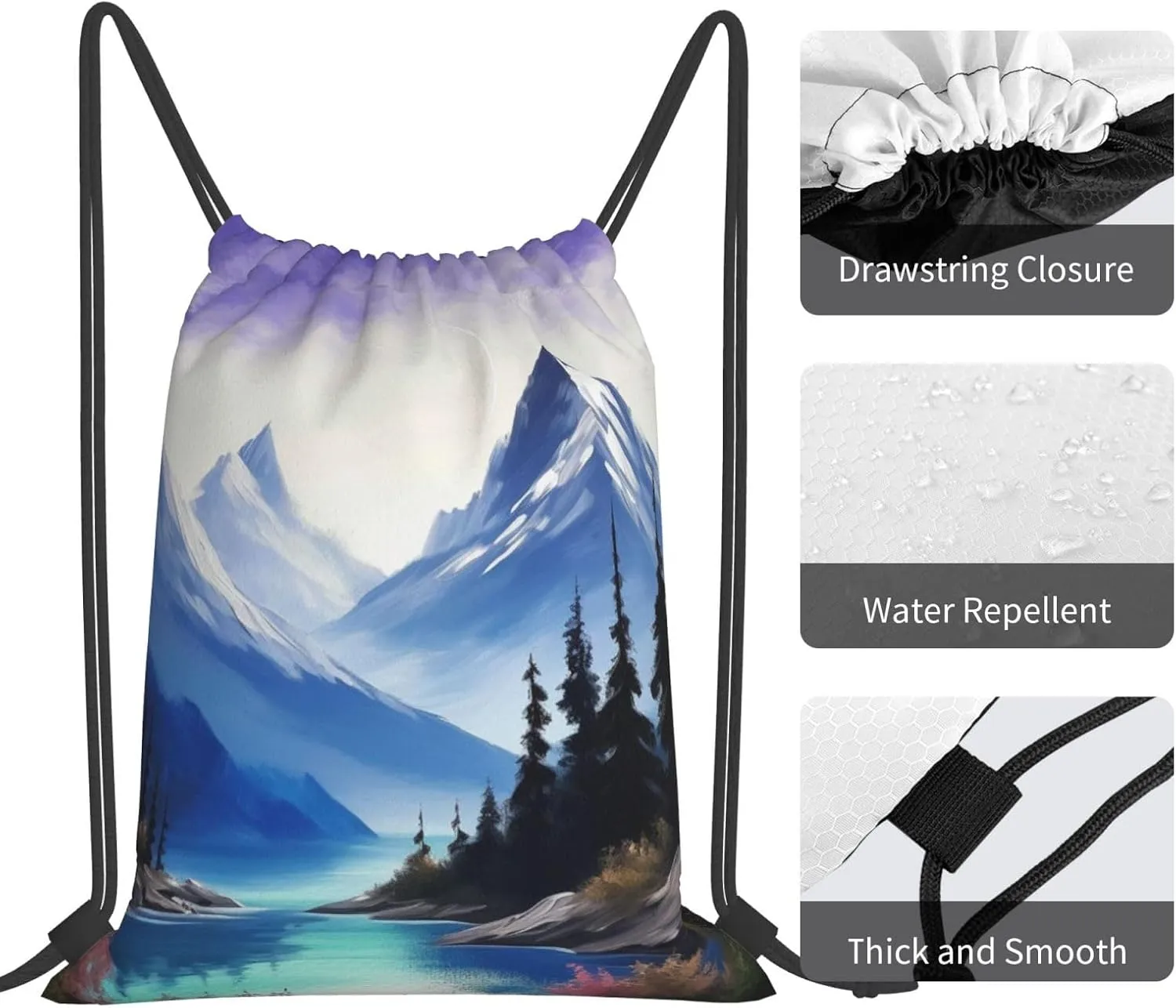 KHiry Drawstring Backpack Waterproof String Bag Mountains Painting Drawstring Sackpack Gym Bag for Man Woman