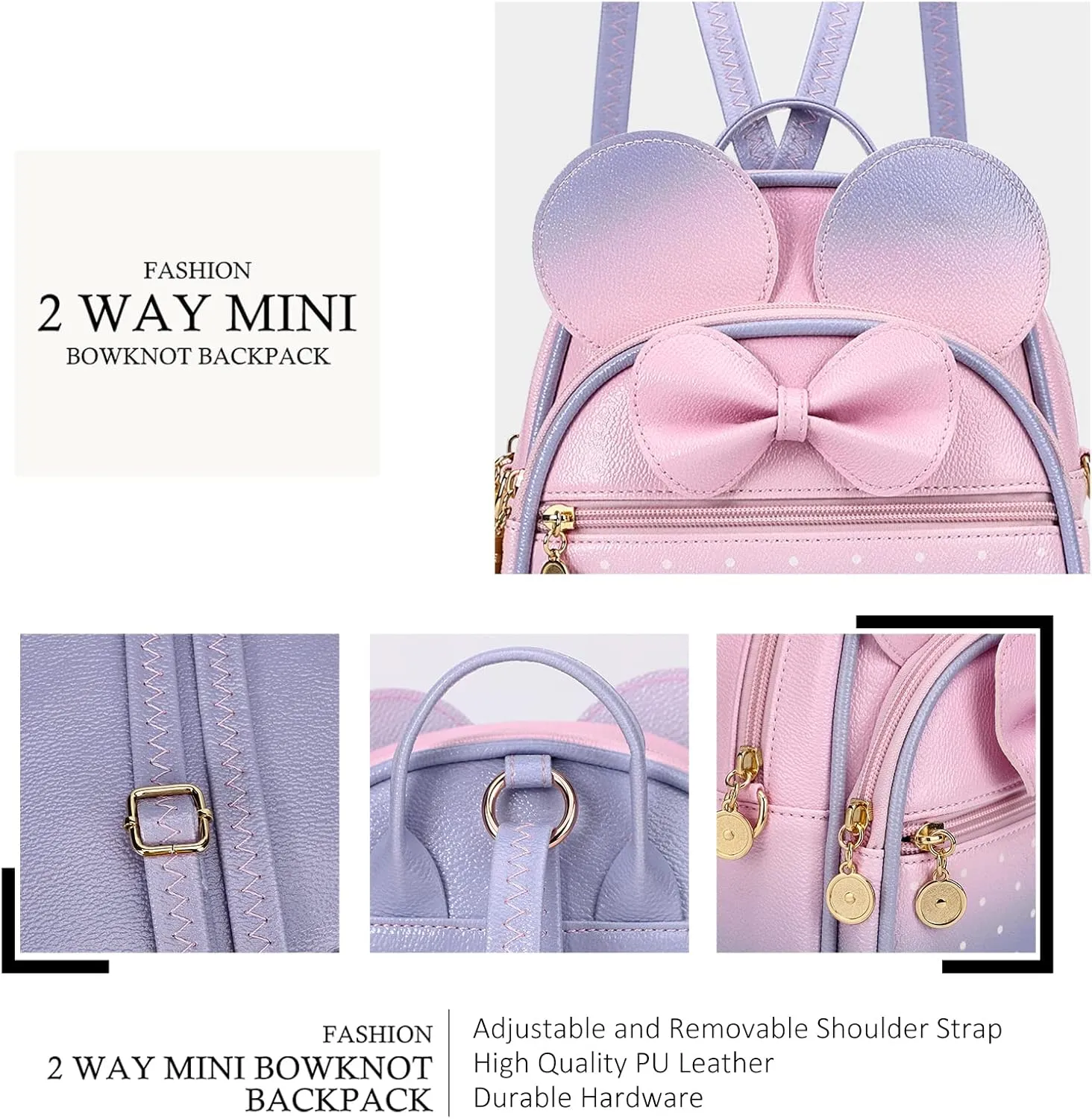 KL928 Girls Bowknot Polka Dot Cute Mini Backpack Small Daypacks Convertible Shoulder Bag Purse for Women