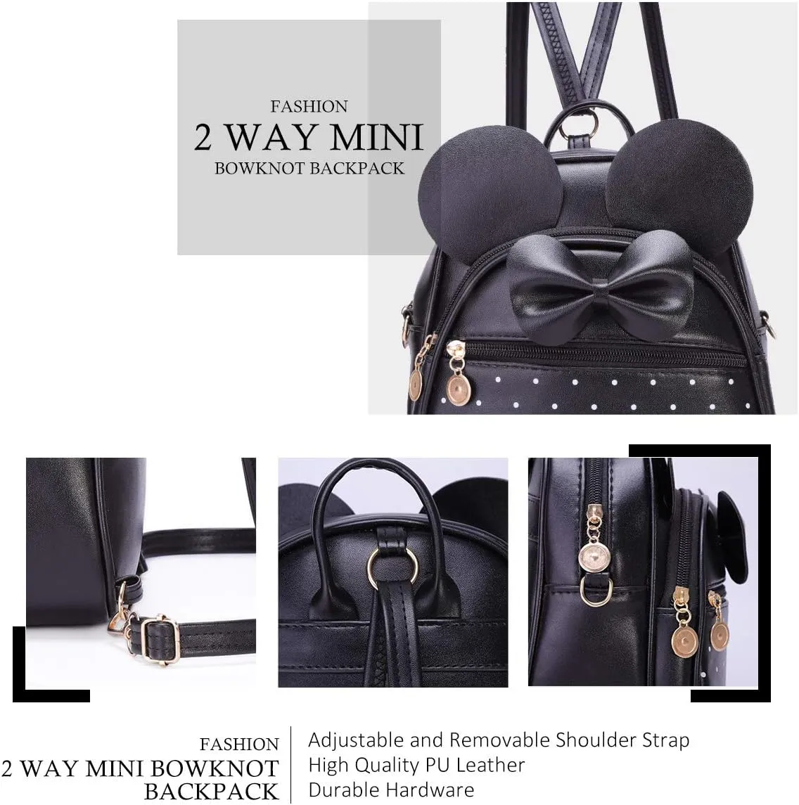 KL928 Girls Bowknot Polka Dot Cute Mini Backpack Small Daypacks Convertible Shoulder Bag Purse for Women