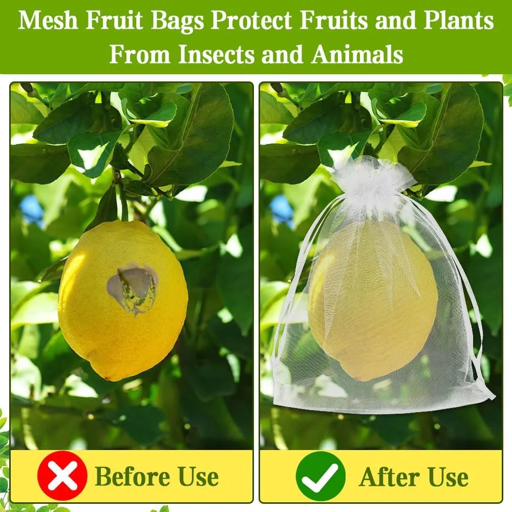 KQNBI 100 Pcs Fruit Protection Bags 6 x 9 Fruit Cover Bags for Fruits Trees White Fruits Netting Bag Drawstring Mesh Bag Pest Barrier for Protect Tomato Mango Strawberry Plant Vegetables