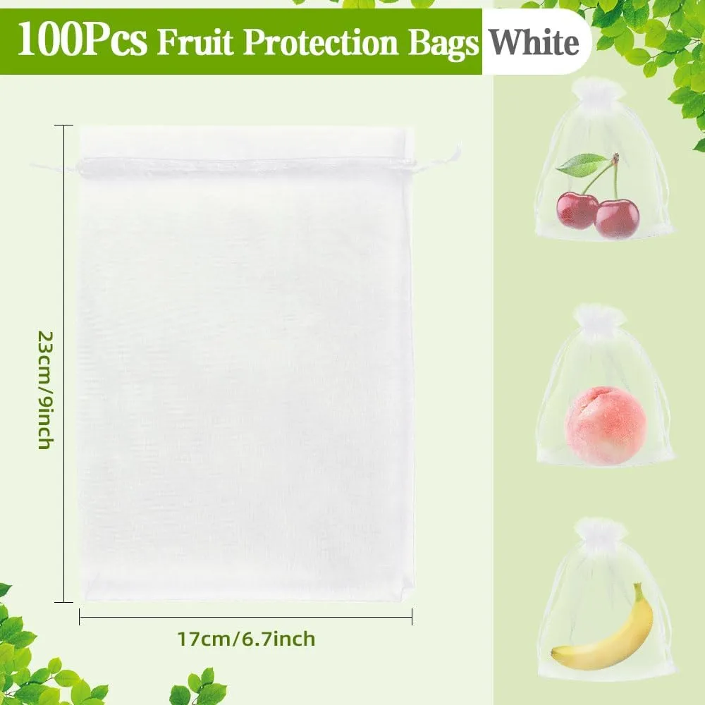 KQNBI 100 Pcs Fruit Protection Bags 6 x 9 Fruit Cover Bags for Fruits Trees White Fruits Netting Bag Drawstring Mesh Bag Pest Barrier for Protect Tomato Mango Strawberry Plant Vegetables