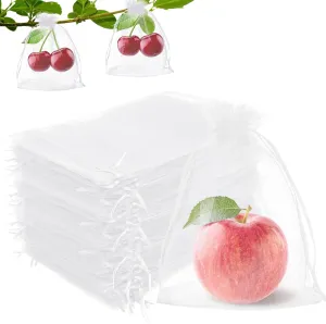 KQNBI 100 Pcs Fruit Protection Bags 6 x 9 Fruit Cover Bags for Fruits Trees White Fruits Netting Bag Drawstring Mesh Bag Pest Barrier for Protect Tomato Mango Strawberry Plant Vegetables