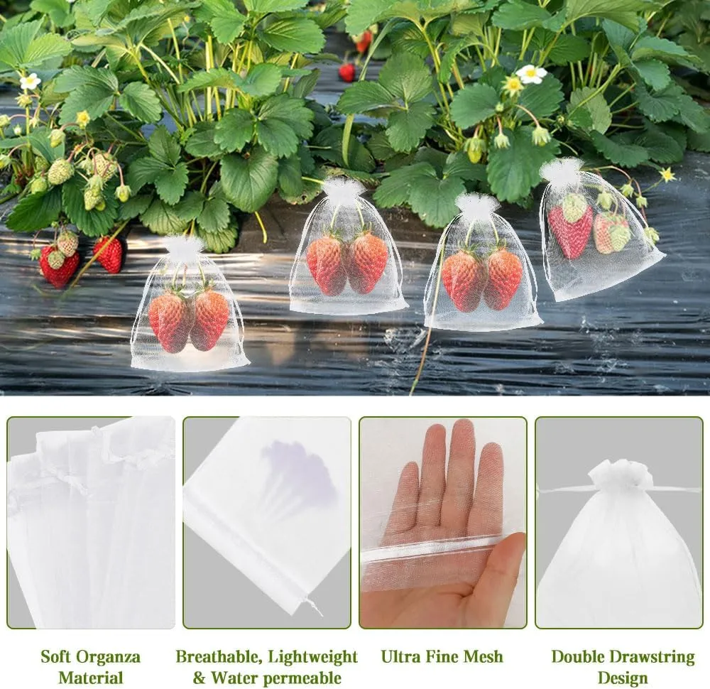 KQNBI 100 Pcs Fruit Protection Bags 6 x 9 Fruit Cover Bags for Fruits Trees White Fruits Netting Bag Drawstring Mesh Bag Pest Barrier for Protect Tomato Mango Strawberry Plant Vegetables