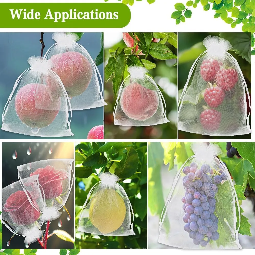 KQNBI 100 Pcs Fruit Protection Bags 6 x 9 Fruit Cover Bags for Fruits Trees White Fruits Netting Bag Drawstring Mesh Bag Pest Barrier for Protect Tomato Mango Strawberry Plant Vegetables