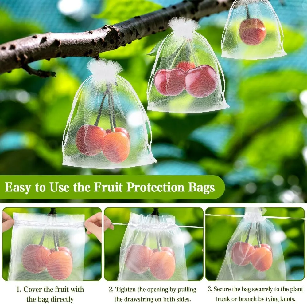 KQNBI 100 Pcs Fruit Protection Bags 6 x 9 Fruit Cover Bags for Fruits Trees White Fruits Netting Bag Drawstring Mesh Bag Pest Barrier for Protect Tomato Mango Strawberry Plant Vegetables