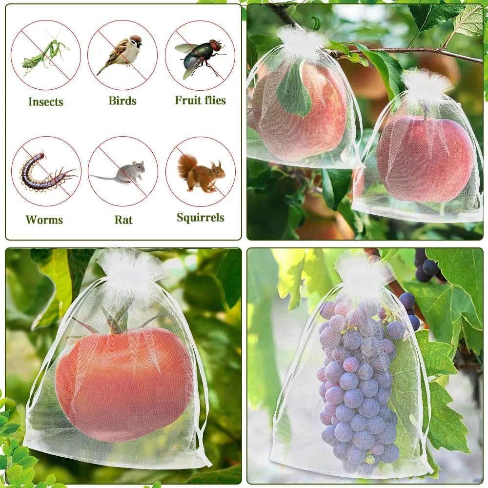 KQNBI 100 Pcs Fruit Protection Bags 6 x 9 Fruit Cover Bags for Fruits Trees White Fruits Netting Bag Drawstring Mesh Bag Pest Barrier for Protect Tomato Mango Strawberry Plant Vegetables