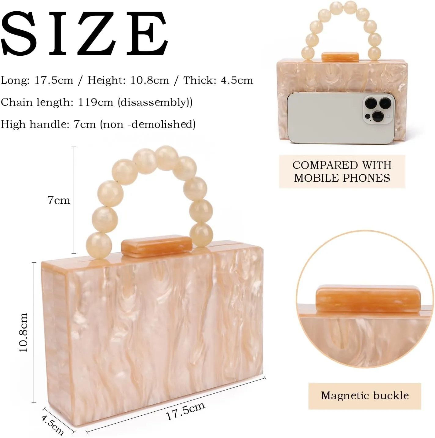 KUANG! Women Acrylic Clutch Purse Evening Bag Marbling Handbags Crossbody Bag with Pearl Chain for Banquet Party