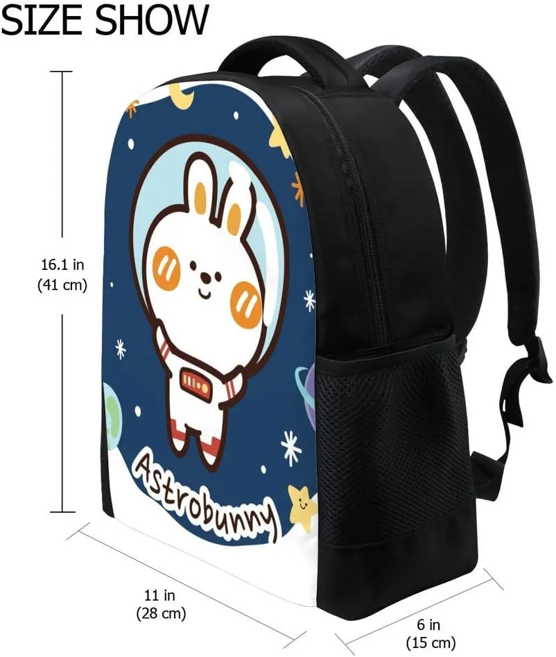 Kuizee Classic Backpack Schoolbag Adjustable Padded Shoulder Straps Daypack ﻿Astronaut Rabbit Space Cartoon Style Cute Dark Blue Casual Bags Durable College Daily 16Inch