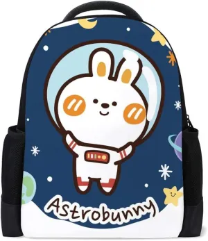 Kuizee Classic Backpack Schoolbag Adjustable Padded Shoulder Straps Daypack ﻿Astronaut Rabbit Space Cartoon Style Cute Dark Blue Casual Bags Durable College Daily 16Inch