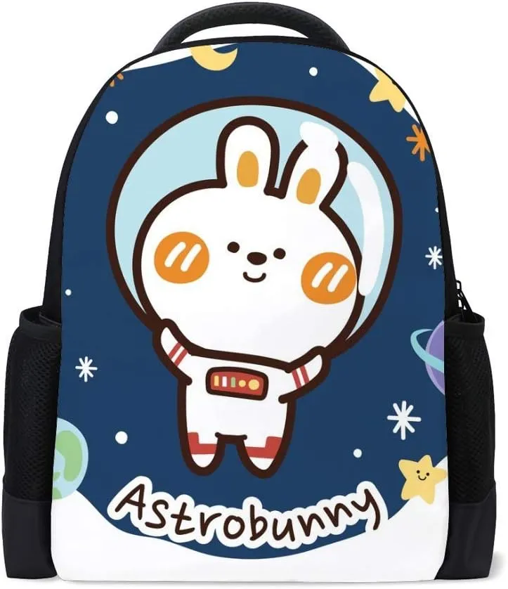 Kuizee Classic Backpack Schoolbag Adjustable Padded Shoulder Straps Daypack ﻿Astronaut Rabbit Space Cartoon Style Cute Dark Blue Casual Bags Durable College Daily 16Inch