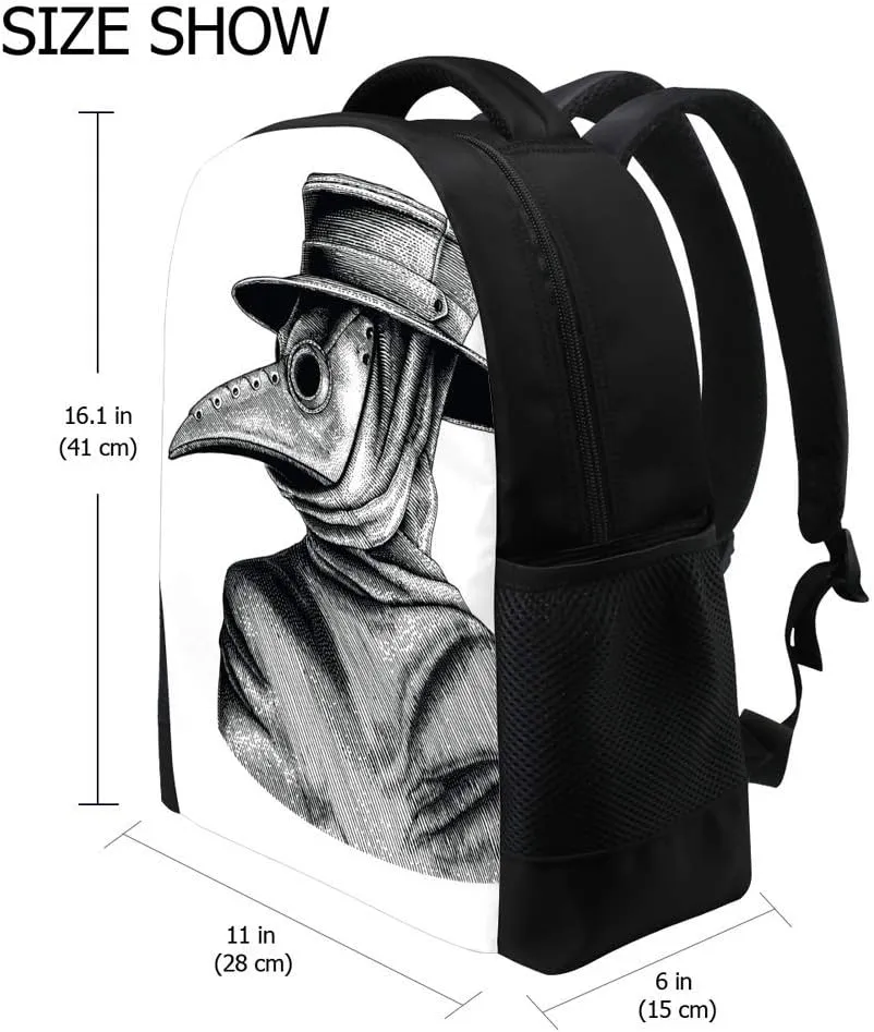 Kuizee Classic Backpack Schoolbag Adjustable Padded Shoulder Straps Daypack ﻿Beak Doctor Hand Drawn Vintage Sketch Casual Bags Durable College Daily 16Inch