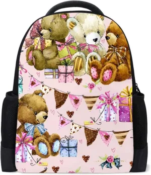 Kuizee Classic Backpack Schoolbag Adjustable Padded Shoulder Straps Daypack ﻿Pink Cute Teddy Bear Kids Watercolor Casual Bags Durable College Daily 16Inch