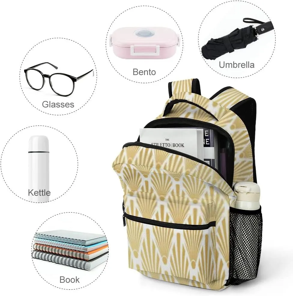 Kuizee Travel Laptop Backpack Business Daypack Work Bookbag Gold Art Deco Palm Leaf Durable iPad Tablet School College Book Bags Casual Bags for Men and Women