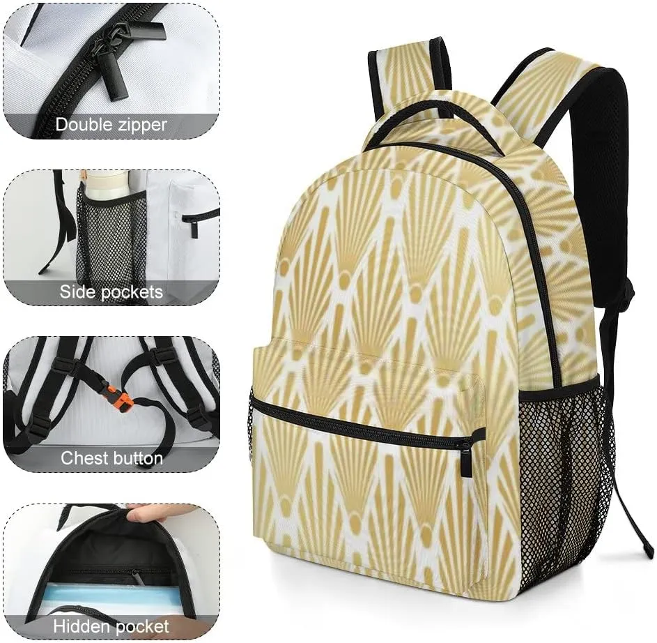Kuizee Travel Laptop Backpack Business Daypack Work Bookbag Gold Art Deco Palm Leaf Durable iPad Tablet School College Book Bags Casual Bags for Men and Women