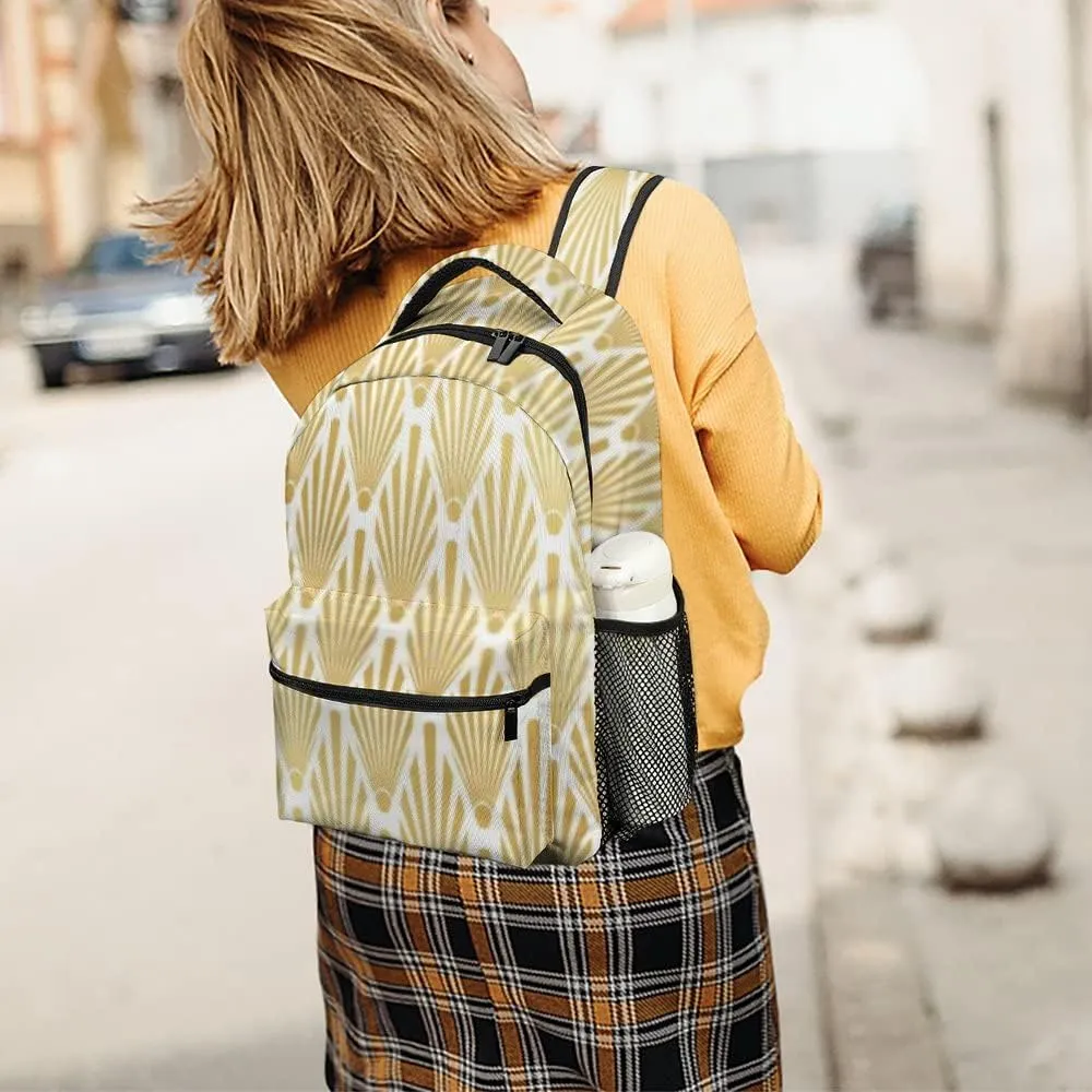 Kuizee Travel Laptop Backpack Business Daypack Work Bookbag Gold Art Deco Palm Leaf Durable iPad Tablet School College Book Bags Casual Bags for Men and Women