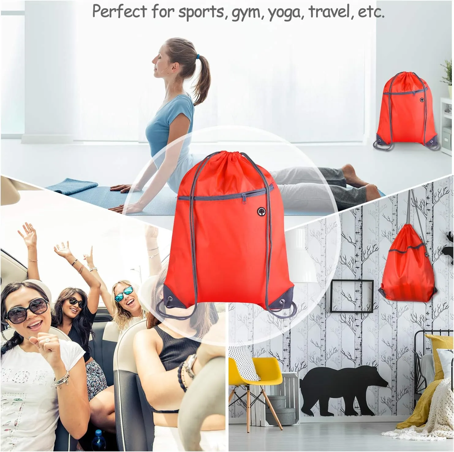 KUUQA 12Pcs Drawstring Backpack Bags Bulk with Zipper Pocket Christmas Gift Bag（Red）