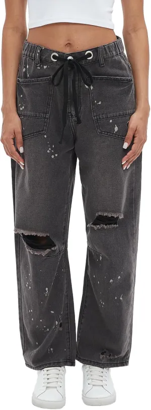 Ladyful Women's Wide Leg Baggy Jeans Drawstring Elastic Mid Rise Denim Pants Vintage Distressed Jeans