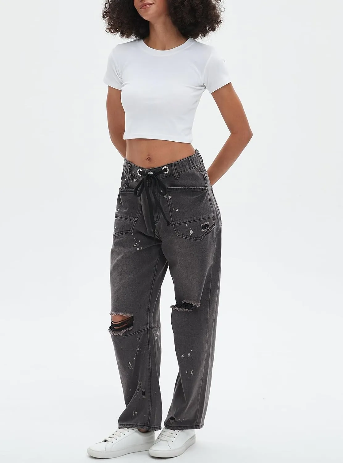 Ladyful Women's Wide Leg Baggy Jeans Drawstring Elastic Mid Rise Denim Pants Vintage Distressed Jeans