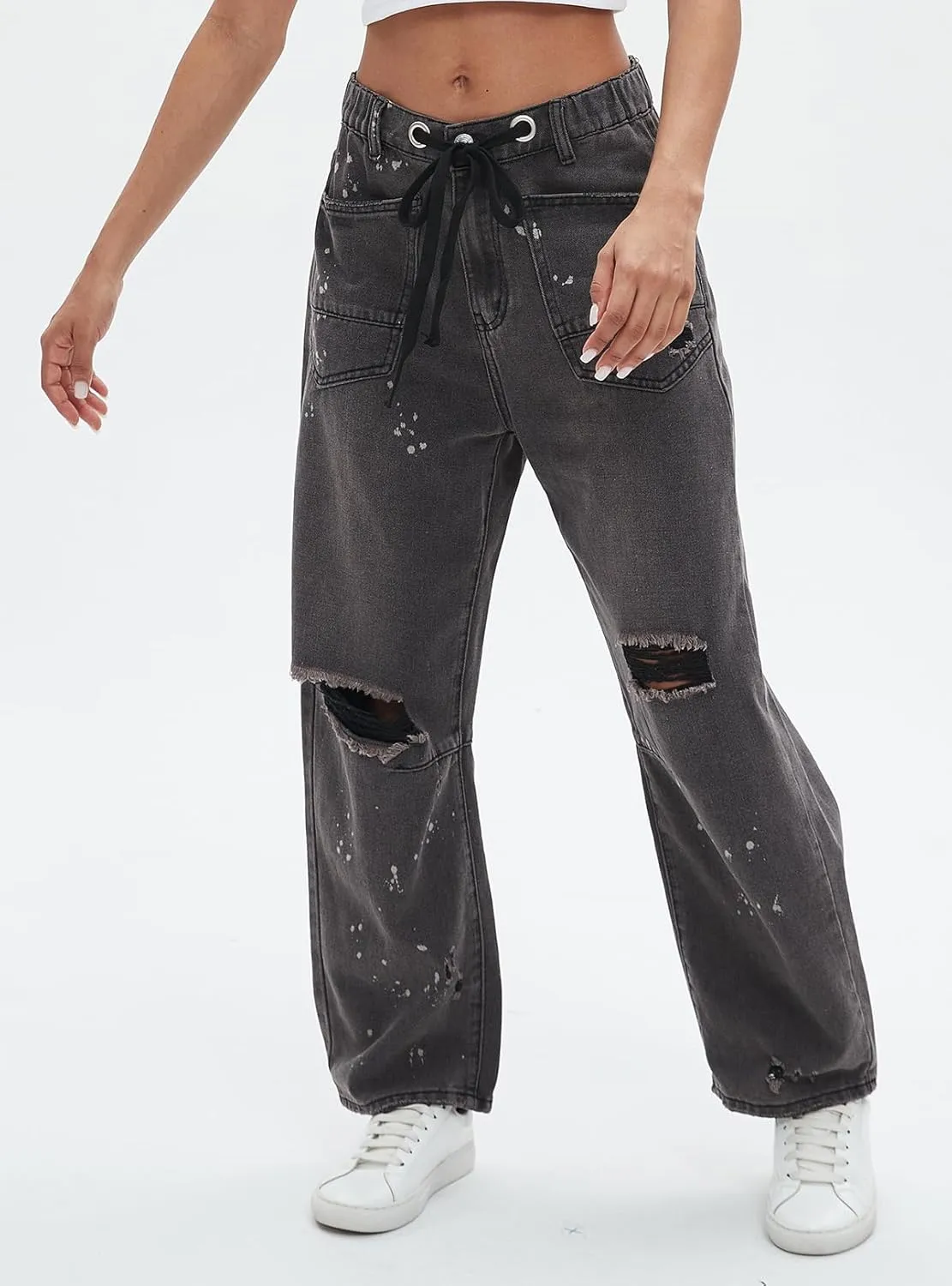 Ladyful Women's Wide Leg Baggy Jeans Drawstring Elastic Mid Rise Denim Pants Vintage Distressed Jeans
