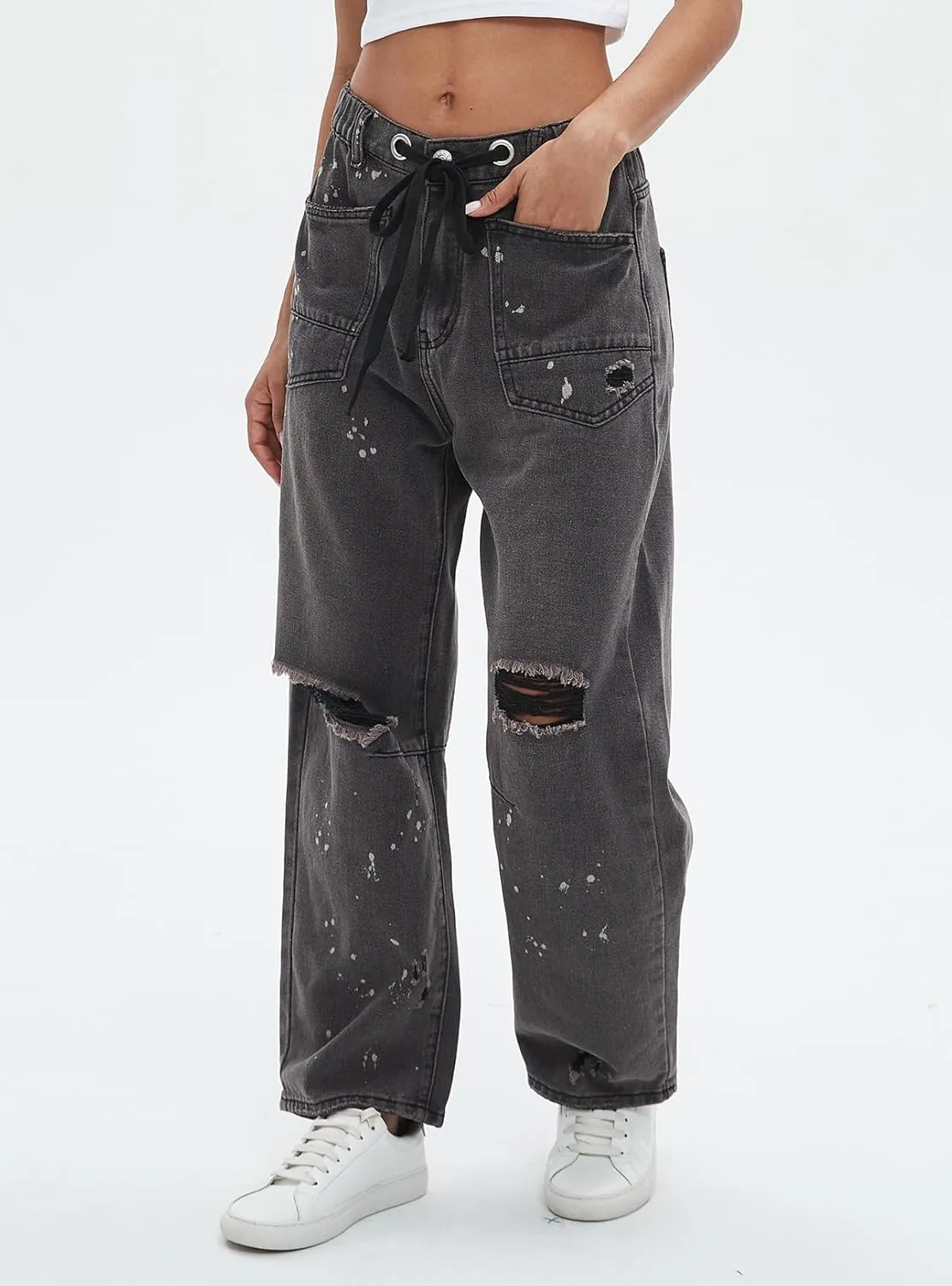 Ladyful Women's Wide Leg Baggy Jeans Drawstring Elastic Mid Rise Denim Pants Vintage Distressed Jeans