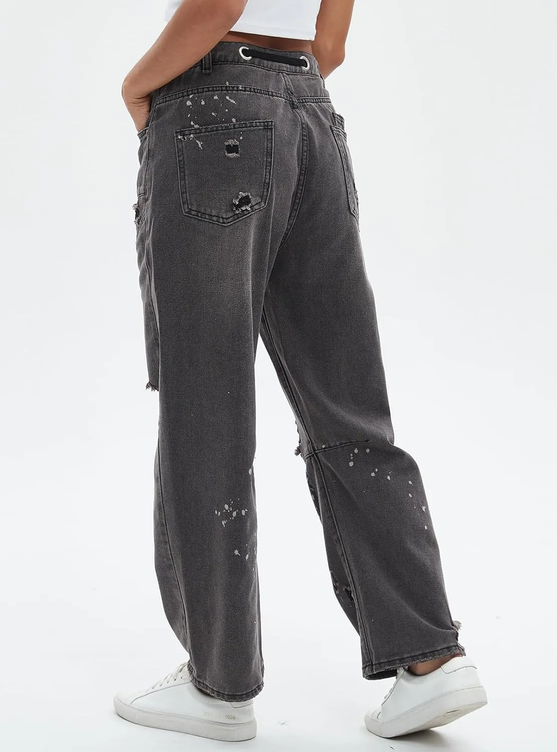 Ladyful Women's Wide Leg Baggy Jeans Drawstring Elastic Mid Rise Denim Pants Vintage Distressed Jeans