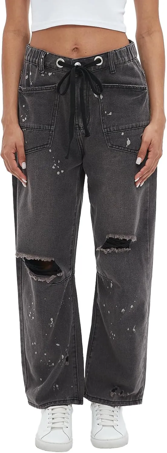 Ladyful Women's Wide Leg Baggy Jeans Drawstring Elastic Mid Rise Denim Pants Vintage Distressed Jeans