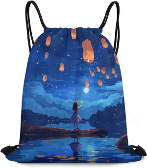 Lake Lanterns At Night Drawstring Backpack Durable String Bag Sports Sackpack Cinch Bags for Gym Travel