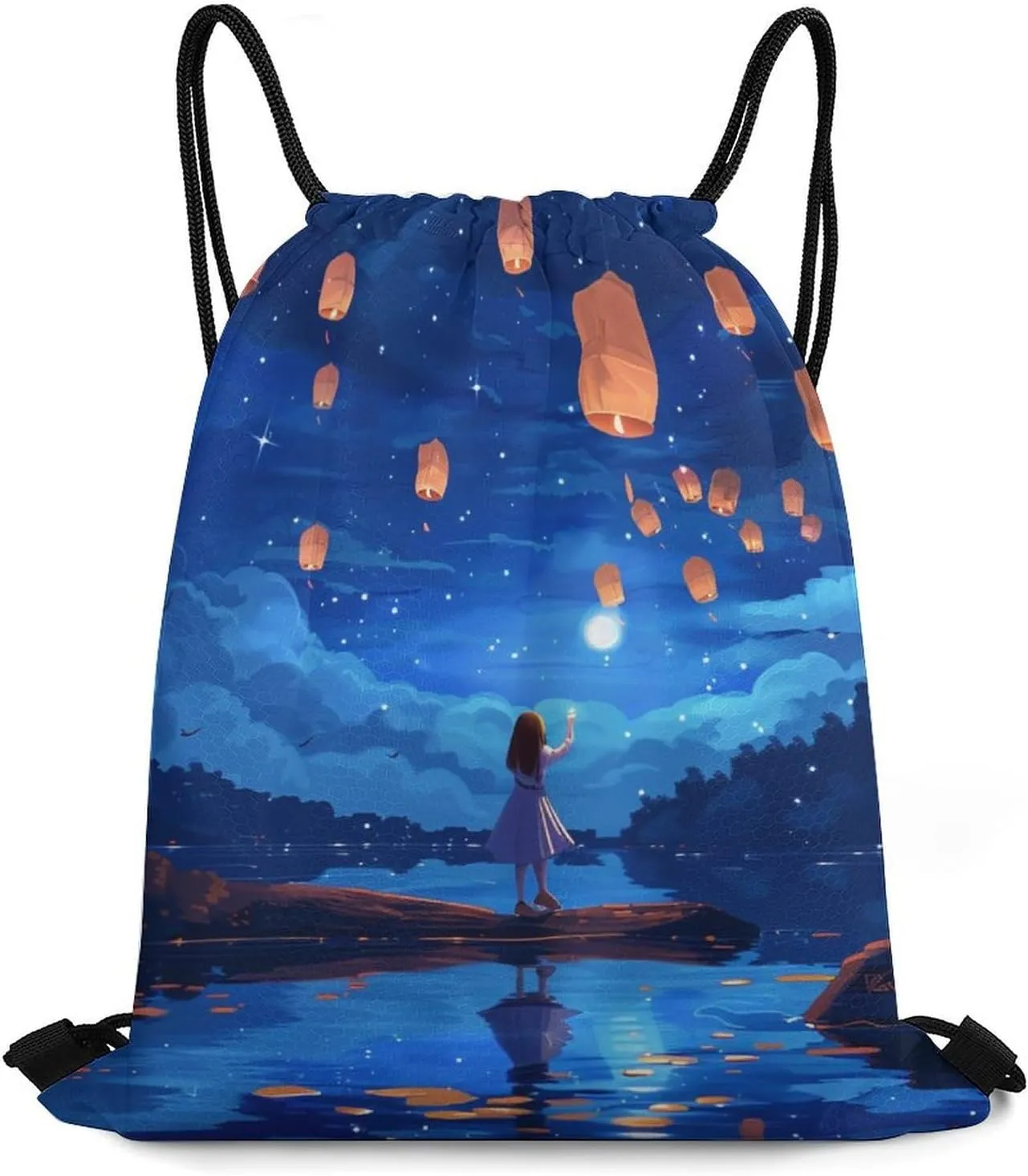Lake Lanterns At Night Drawstring Backpack Durable String Bag Sports Sackpack Cinch Bags for Gym Travel