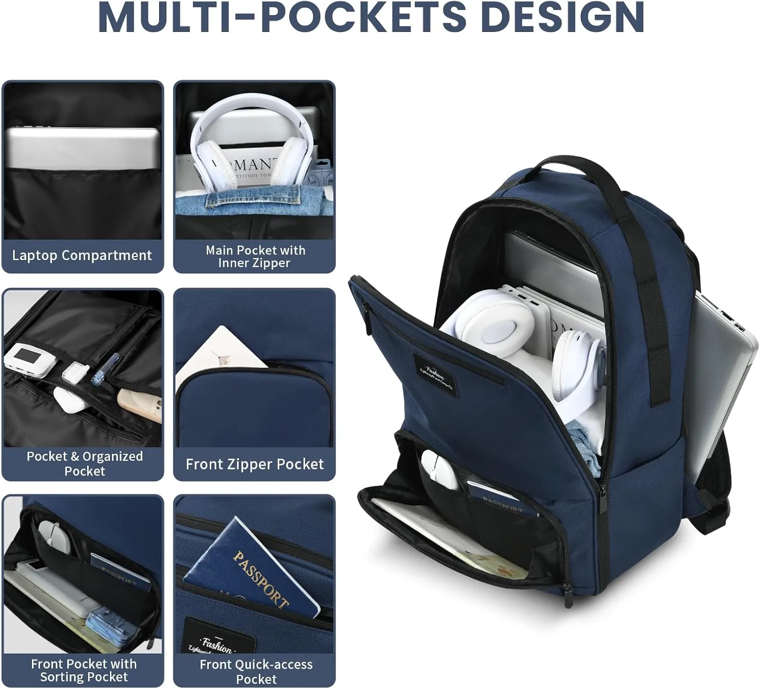 Laptop Backpack for Men, Mens Work Backpack, Bookbag for Men Women, Book Bag for School Teens, Travel Laptop Backpack Fits 15.6 Inch Notebook, Water Resistant Backpack with Luggage Strap (Navy)