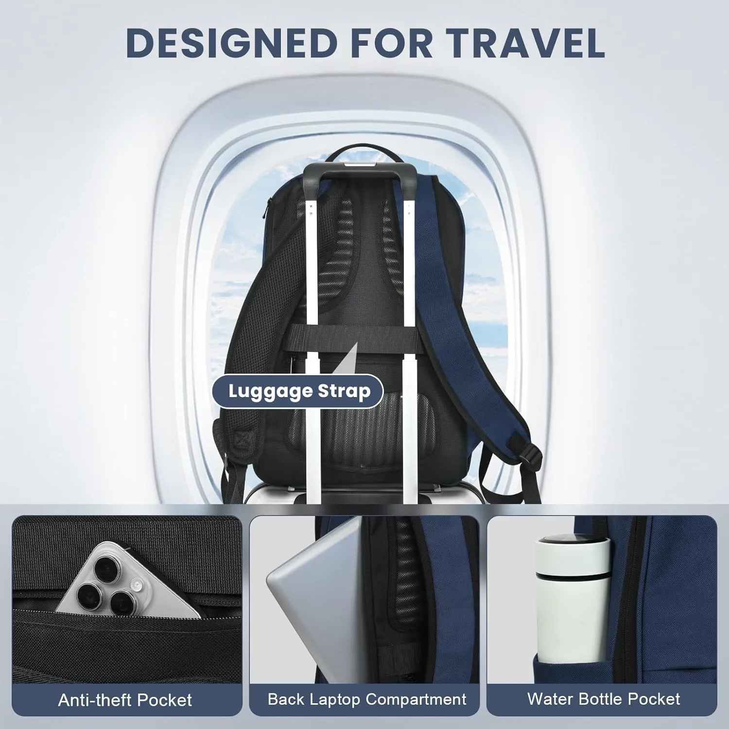 Laptop Backpack for Men, Mens Work Backpack, Bookbag for Men Women, Book Bag for School Teens, Travel Laptop Backpack Fits 15.6 Inch Notebook, Water Resistant Backpack with Luggage Strap (Navy)