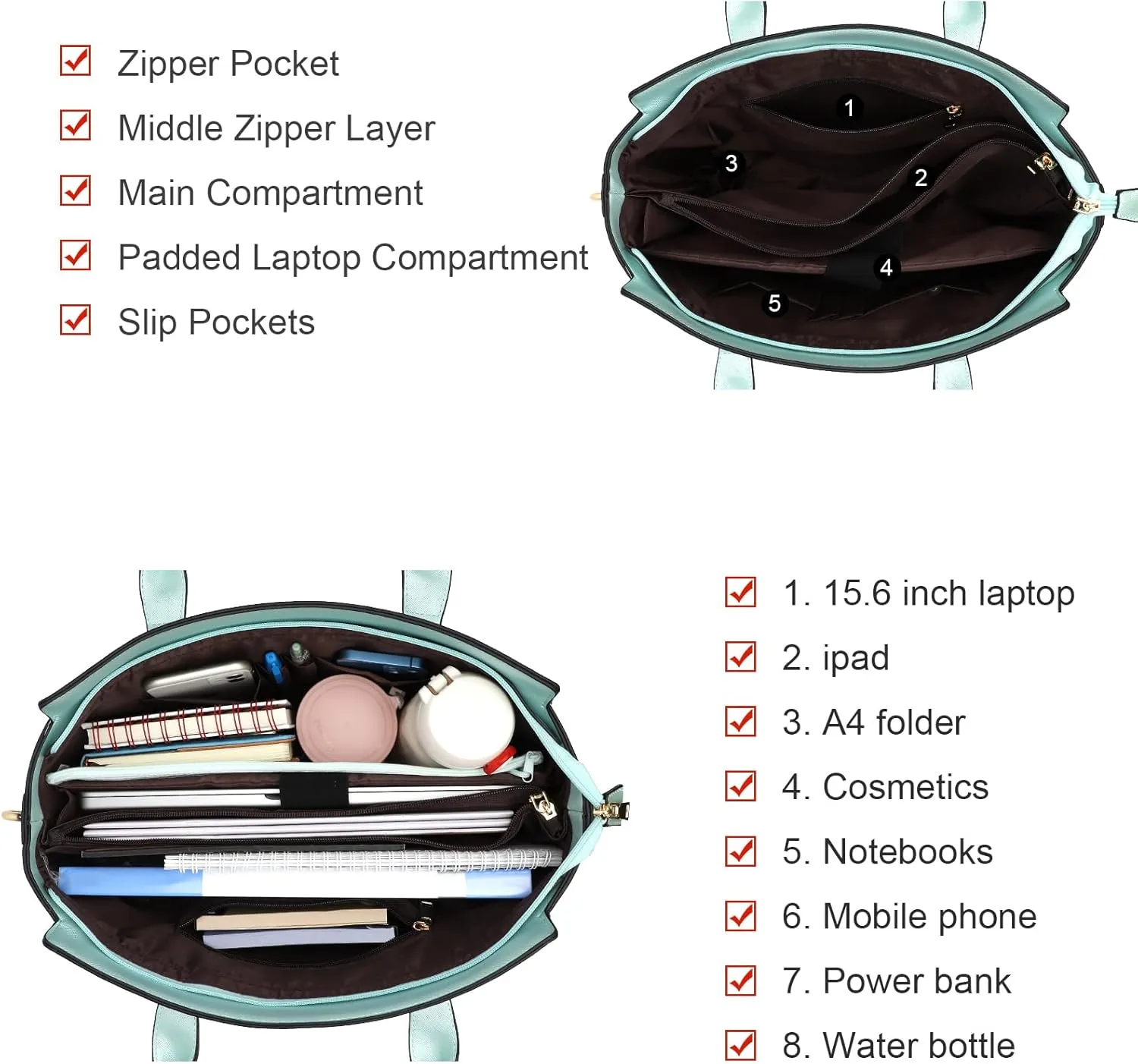 Laptop Bag for Women,15.6 Inch Multi Pocket Padded Bags for Women, Tote Bag, Green