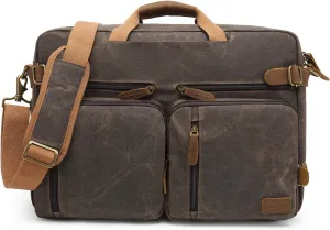 Laptop Messenger Bag Vintage Shoulder Bag Convertible Backpack Retro Briefcase Versatile Travel Bag Fits 17.3 Inch Laptop For Men Business (Waxed Canvas Brown)