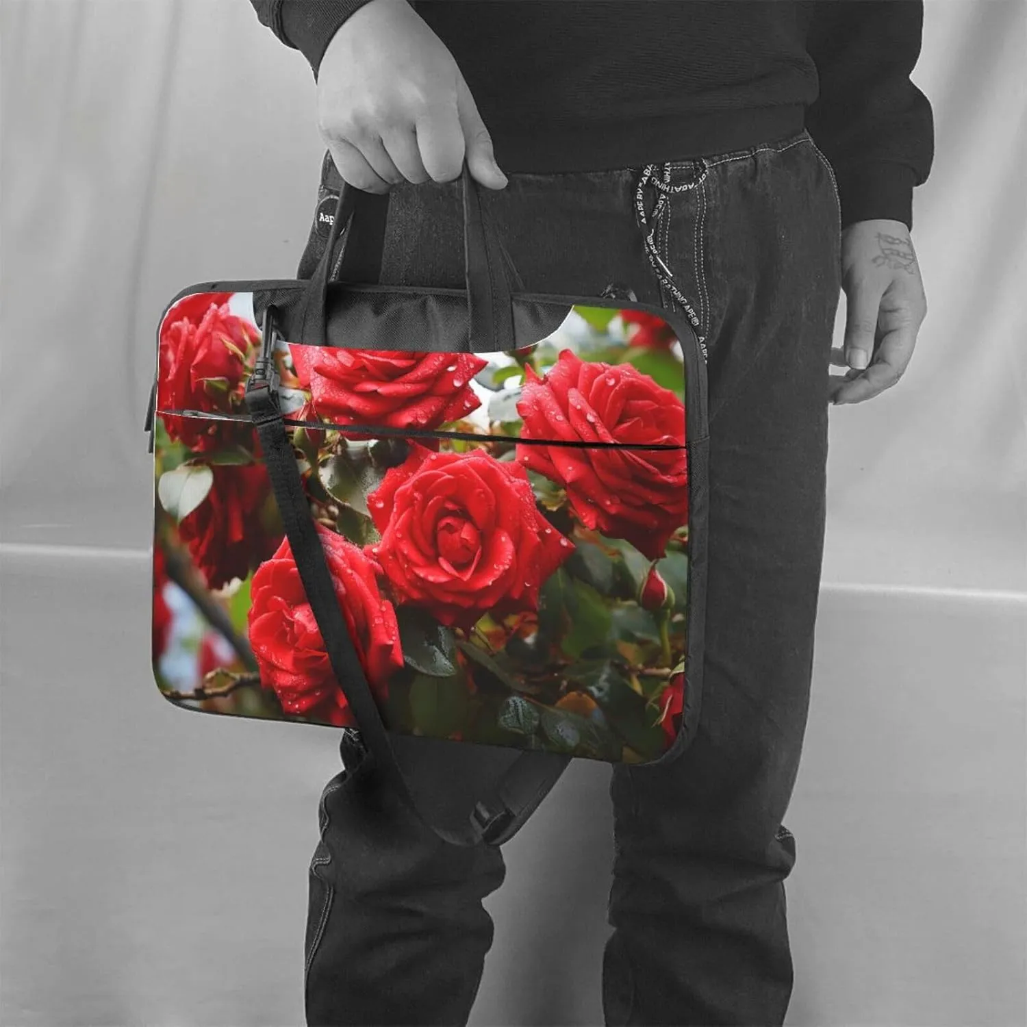 Laptop Sleeve Bag Shockproof Notebook Case Red Roses Bush in The Garden Computer Carrying Case with Shoulder Strap 13 inch