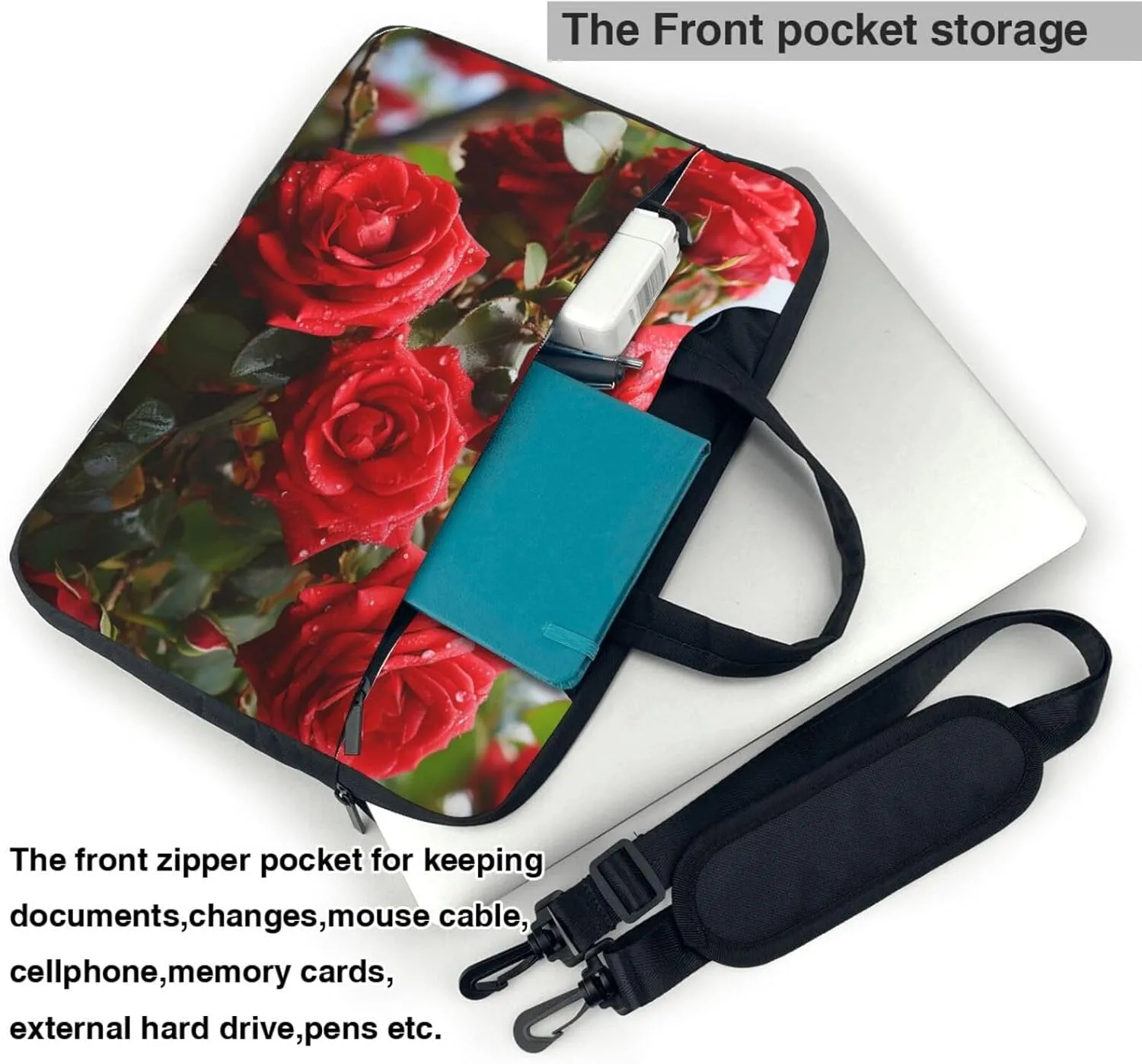 Laptop Sleeve Bag Shockproof Notebook Case Red Roses Bush in The Garden Computer Carrying Case with Shoulder Strap 13 inch
