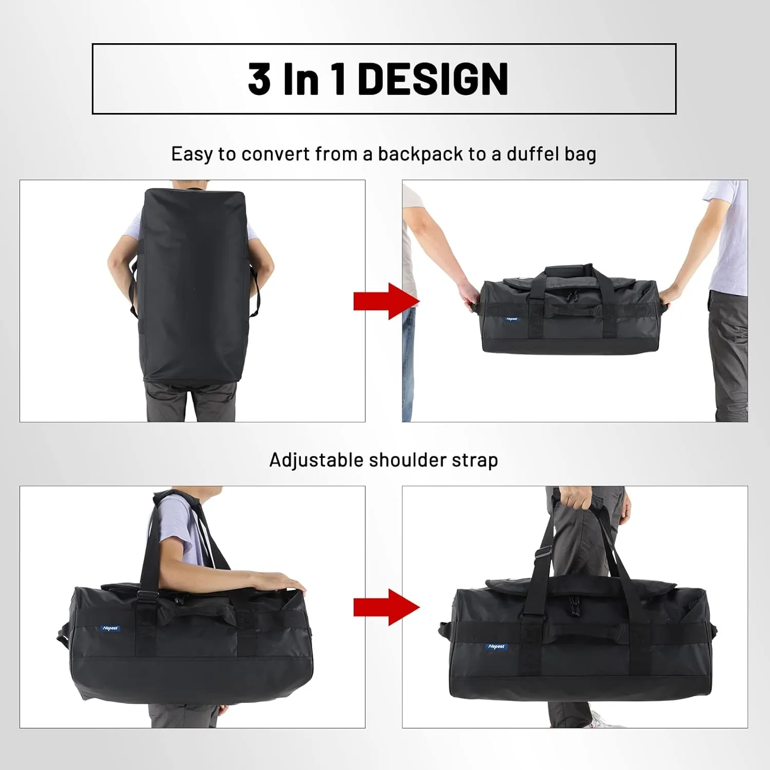 Large Duffel Backpack Bag, 3-Way Water Resistant Gym Duffle Bag with Shoe Compartment for Sports Workout