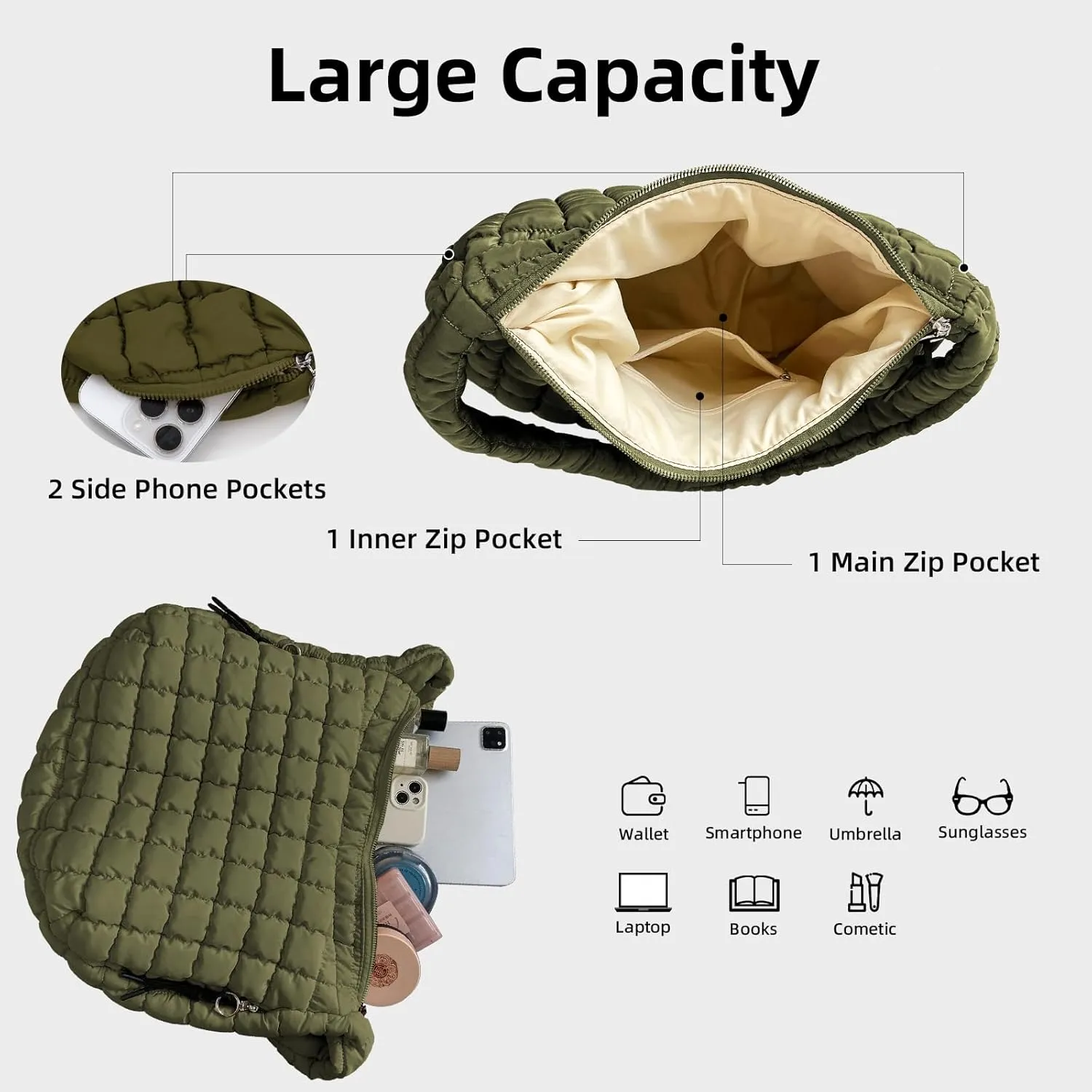 Large Quilted Tote Bag Crossbody Puffer Tote Bags for Women Quilted Hobo Bags Carryall Shoulder Bubble Bag