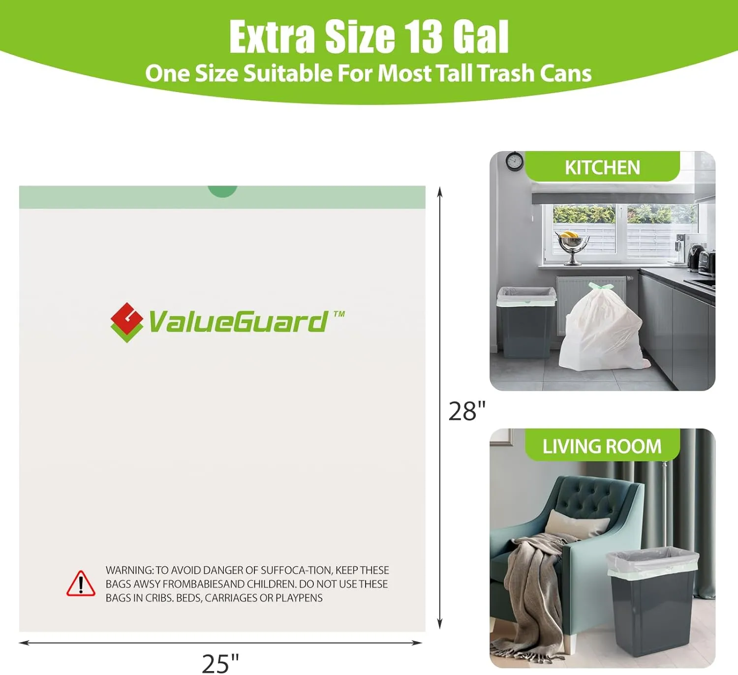Large Trash Bags 13 Gallon Tall Kitchen Drawstring 100% Post-Consumer Recycled Garbage Bags Waste Bag for Office 0.6 Mil (110 Count)