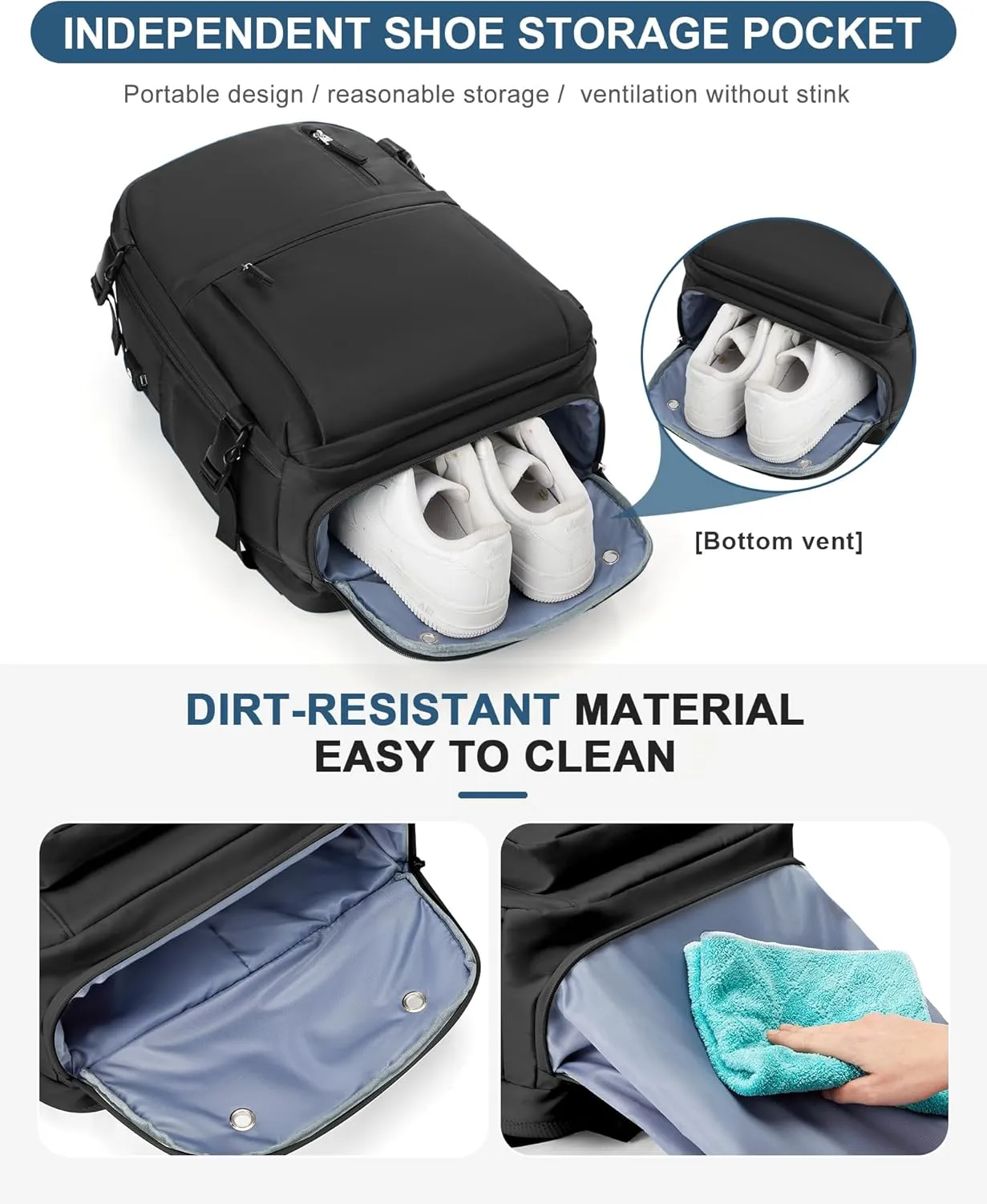 Large Travel Backpack for Women Men Waterproof Luggage Utility Backpack with USB Charging Port & Shoe Pouch Airline Approved Personal Item Travel Bag Mochila de Viaje(Black)