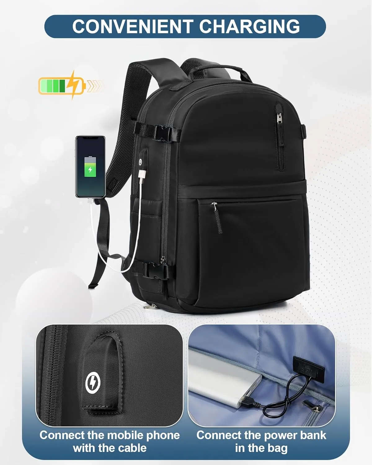 Large Travel Backpack for Women Men Waterproof Luggage Utility Backpack with USB Charging Port & Shoe Pouch Airline Approved Personal Item Travel Bag Mochila de Viaje(Black)