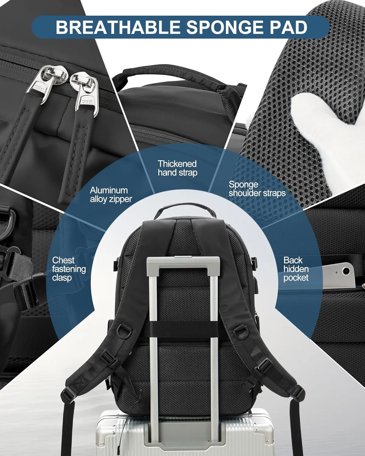 Large Travel Backpack for Women Men Waterproof Luggage Utility Backpack with USB Charging Port & Shoe Pouch Airline Approved Personal Item Travel Bag Mochila de Viaje(Black)