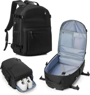 Large Travel Backpack for Women Men Waterproof Luggage Utility Backpack with USB Charging Port & Shoe Pouch Airline Approved Personal Item Travel Bag Mochila de Viaje(Black)