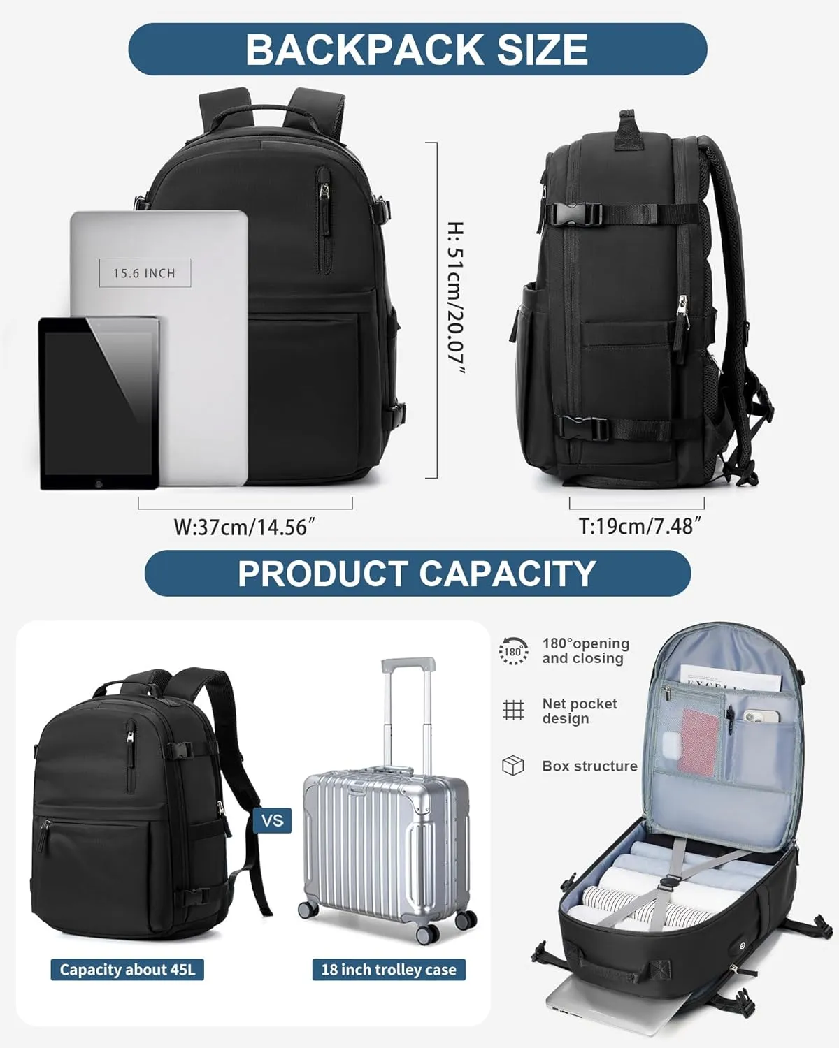 Large Travel Backpack for Women Men Waterproof Luggage Utility Backpack with USB Charging Port & Shoe Pouch Airline Approved Personal Item Travel Bag Mochila de Viaje(Black)
