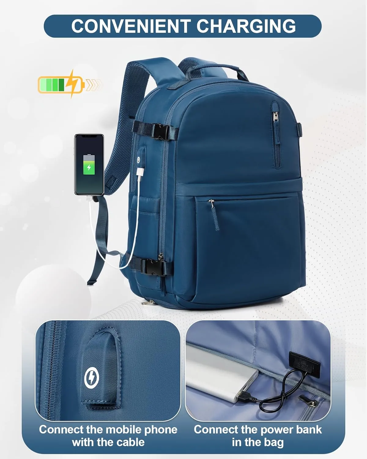 Large Travel Backpack for Women Men Waterproof Luggage Utility Backpack with USB Charging Port & Shoe Pouch Airline Approved Personal Item Travel Bag Mochila de Viaje(Blue)